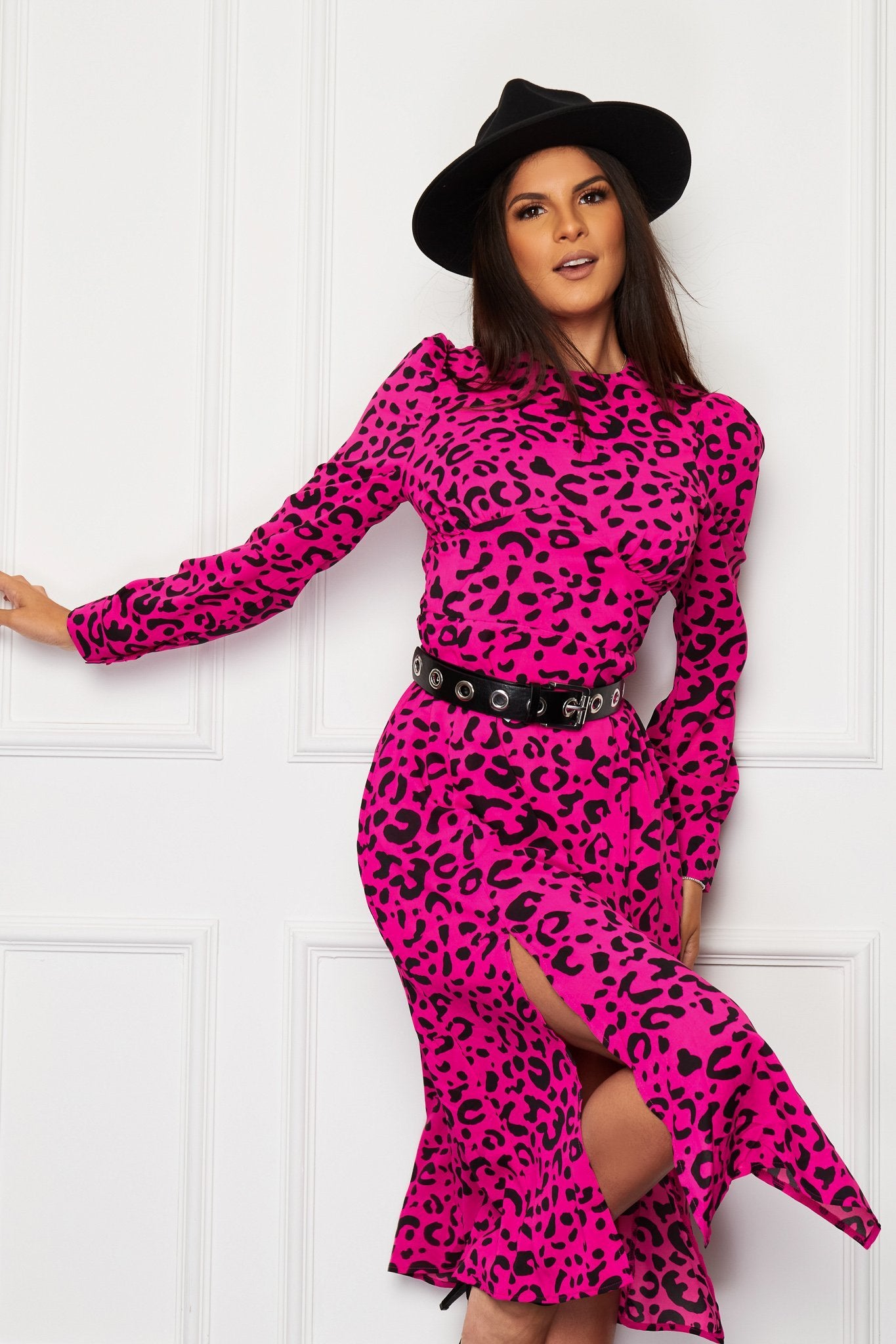 Carrie Pink Leopard Print Long Sleeve Midi Dress